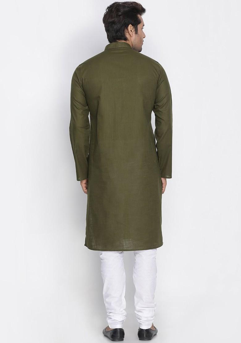 Olive Solid Poly Blend Kurta Set For Men