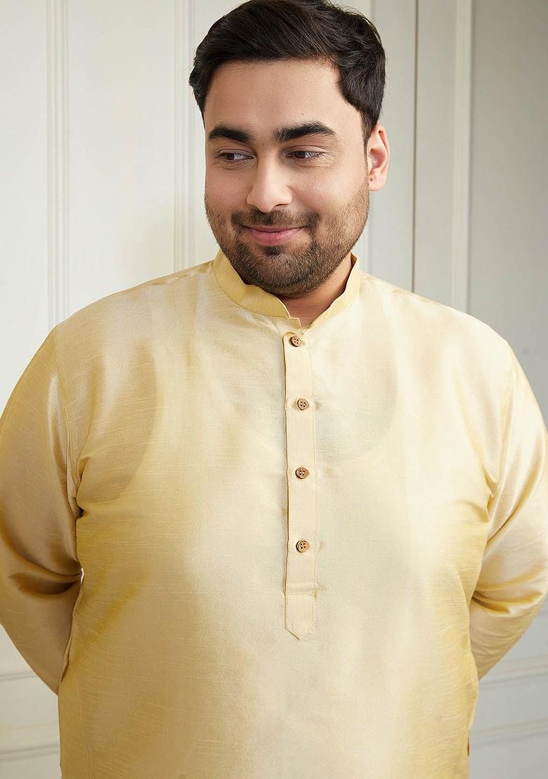 Gold Solid Poly Blend Kurta Set For Men