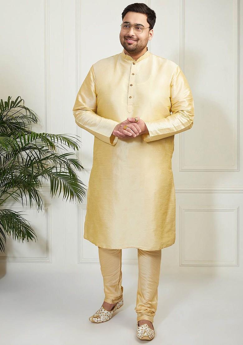 Gold Solid Poly Blend Kurta Set For Men