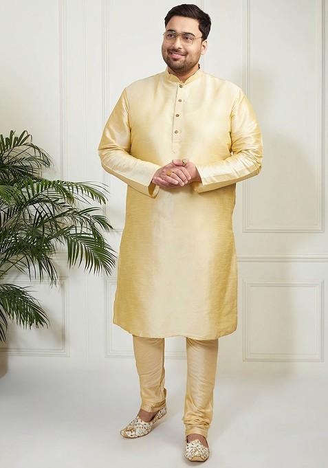 Gold Solid Poly Blend Kurta Set For Men