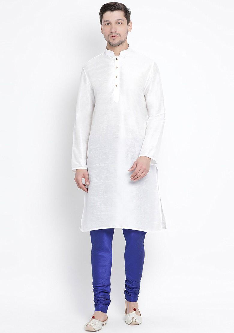 White Solid Poly Blend Kurta Set For Men