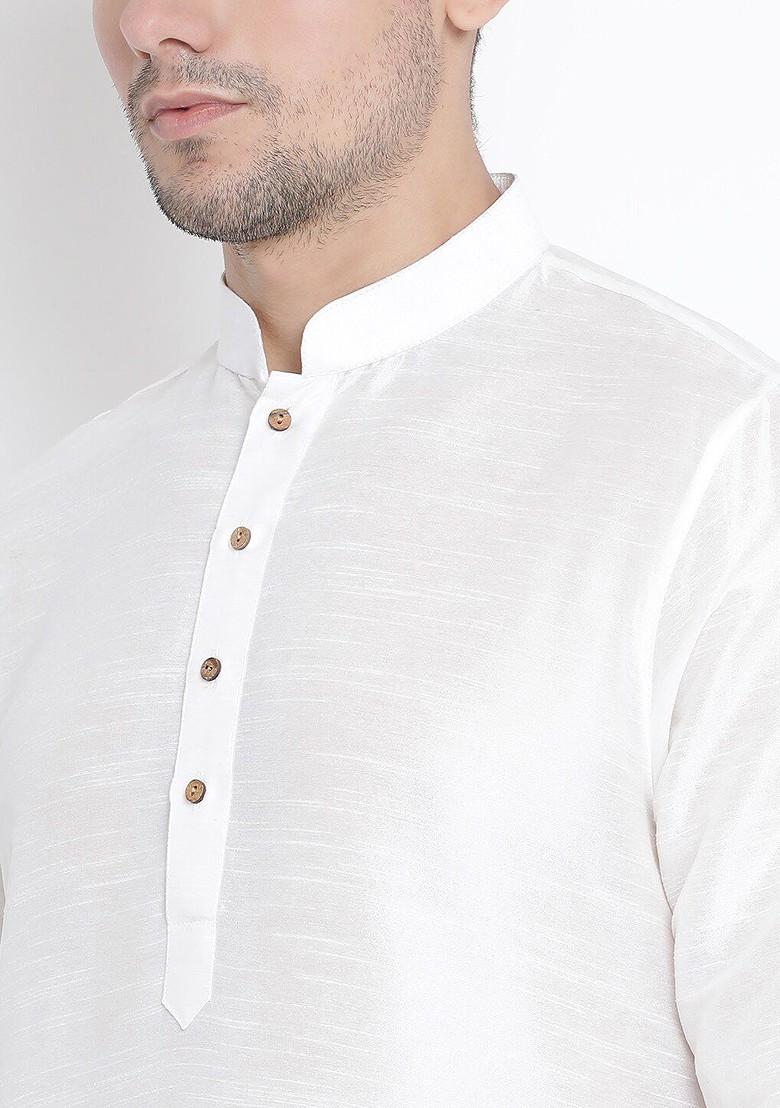White Solid Poly Blend Kurta Set For Men