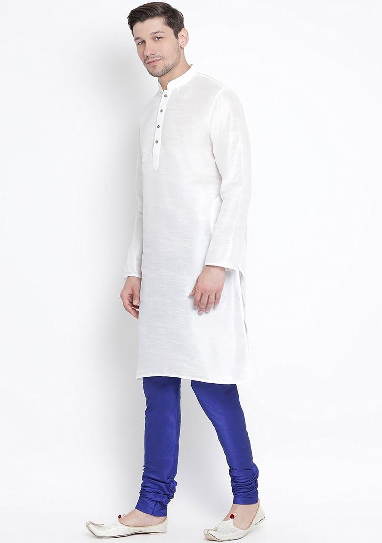 White Solid Poly Blend Kurta Set For Men