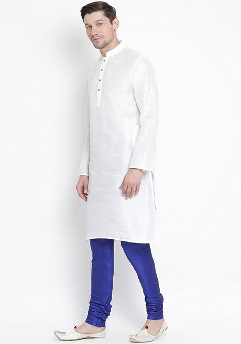 White Solid Poly Blend Kurta Set For Men