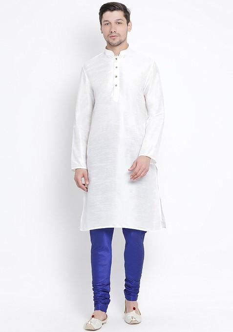 White Solid Poly Blend Kurta Set For Men