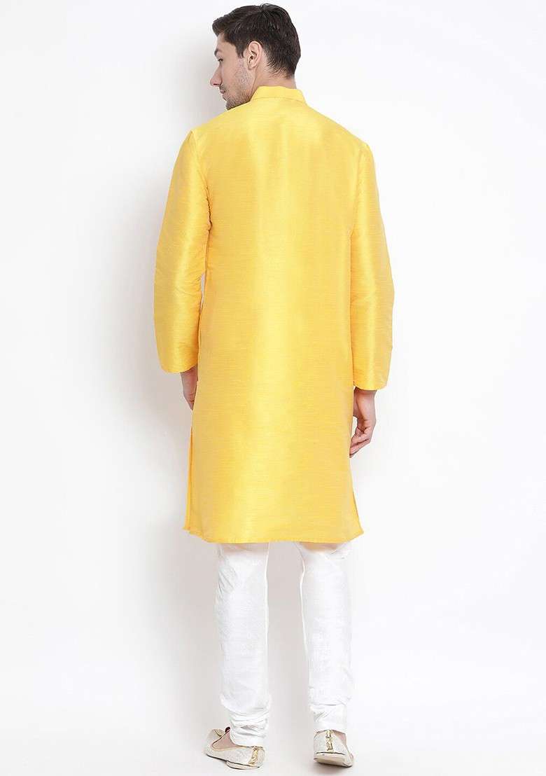 Yellow Solid Poly Blend Kurta Set For Men - Indya