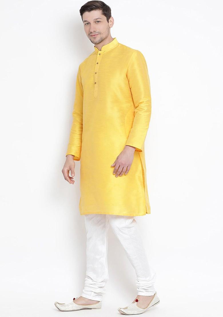 Yellow Solid Poly Blend Kurta Set For Men