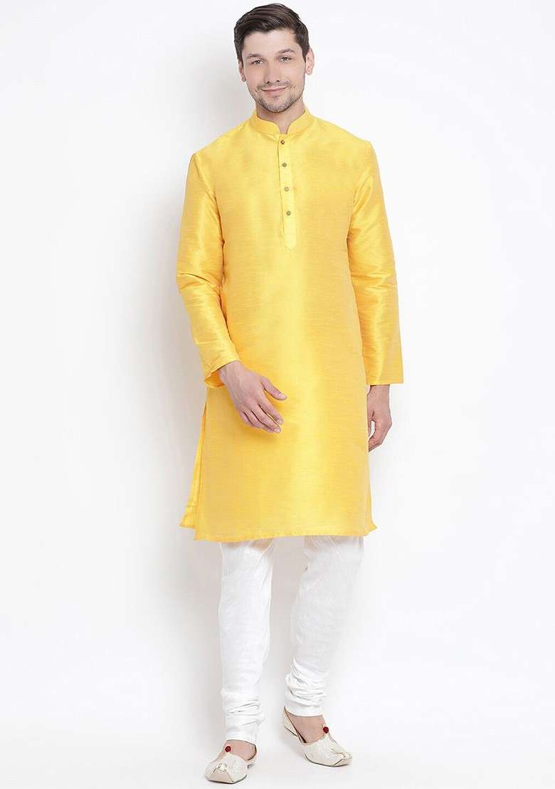Yellow Solid Poly Blend Kurta Set For Men - Indya