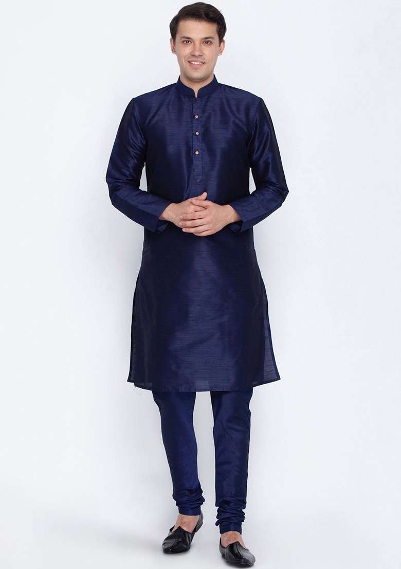 Navy Blue Solid Poly Blend Kurta Set For Men - Indya