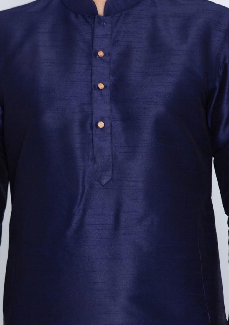 Navy Blue Solid Poly Blend Kurta Set For Men