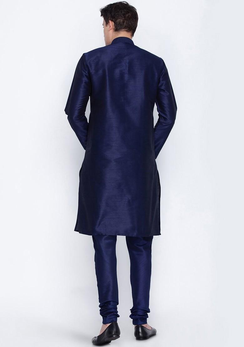 Navy Blue Solid Poly Blend Kurta Set For Men