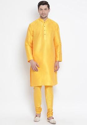 Yellow Solid Poly Blend Kurta Set For Men