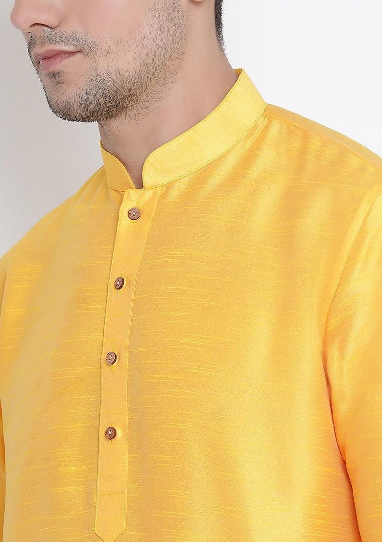 Yellow Solid Poly Blend Kurta Set For Men