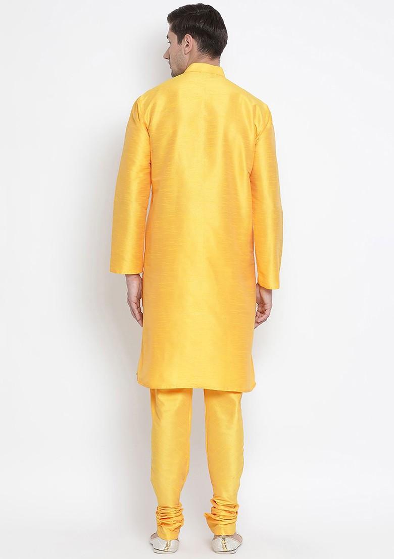 Yellow Solid Poly Blend Kurta Set For Men