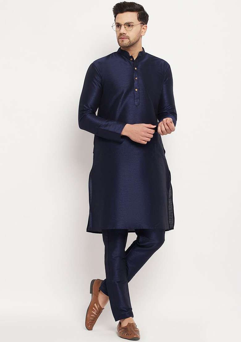 Navy Blue Solid Poly Blend Kurta Set For Men - Indya