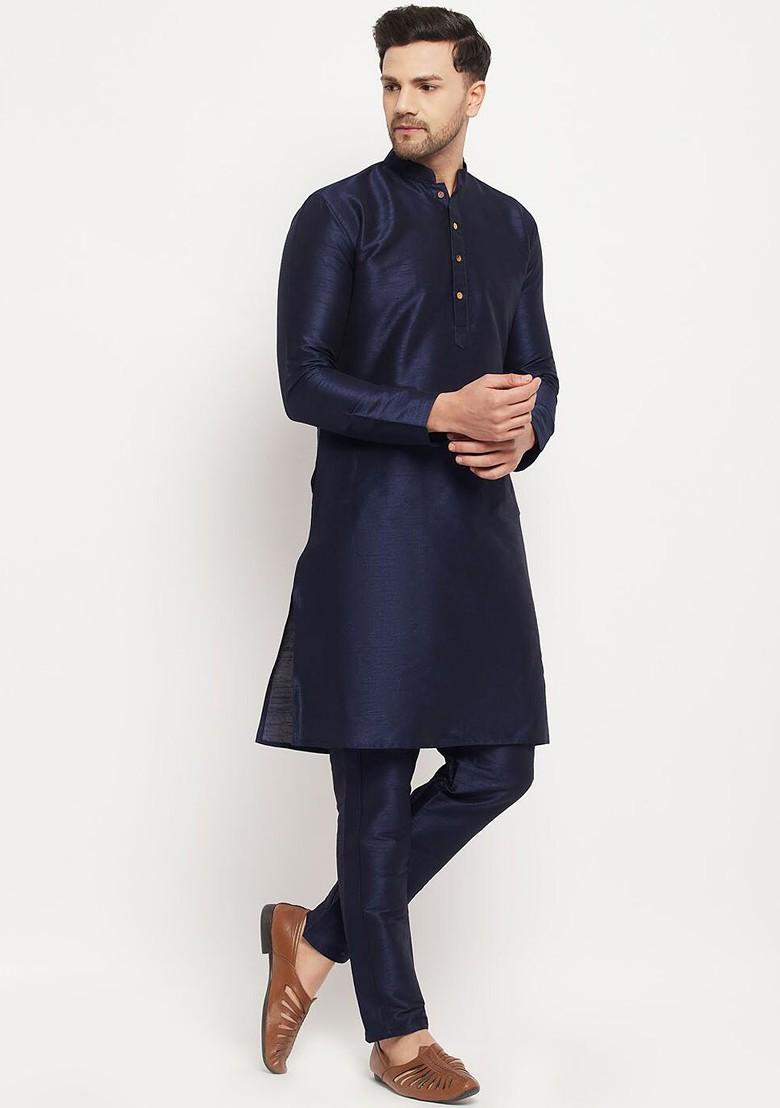 Navy Blue Solid Poly Blend Kurta Set For Men