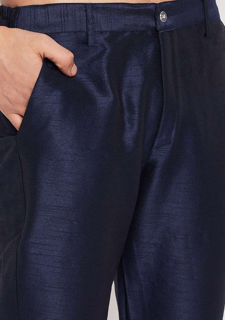 Navy Blue Solid Poly Blend Kurta Set For Men - Indya