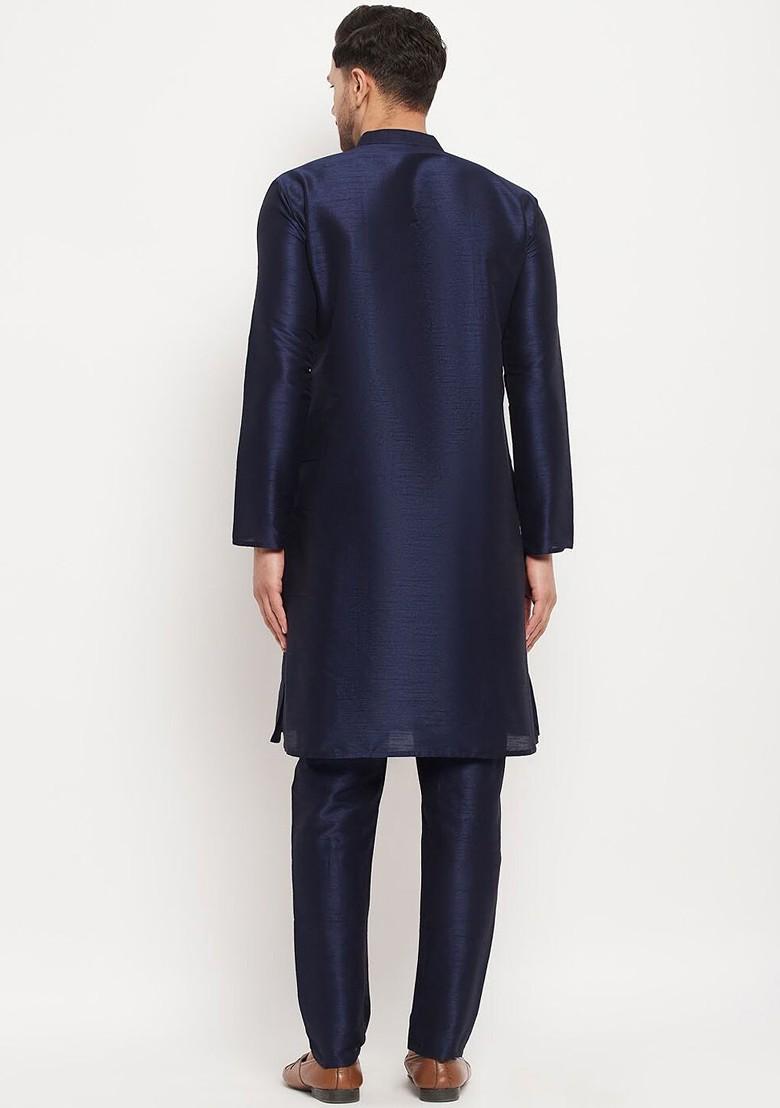 Navy Blue Solid Poly Blend Kurta Set For Men
