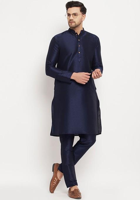 Navy Blue Solid Poly Blend Kurta Set For Men