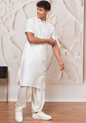 White Sequin Work Poly Blend Kurta Set For Men