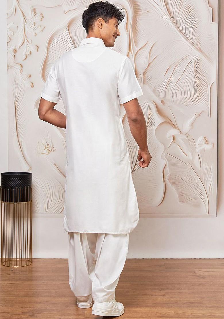 White Sequin Work Poly Blend Kurta Set For Men