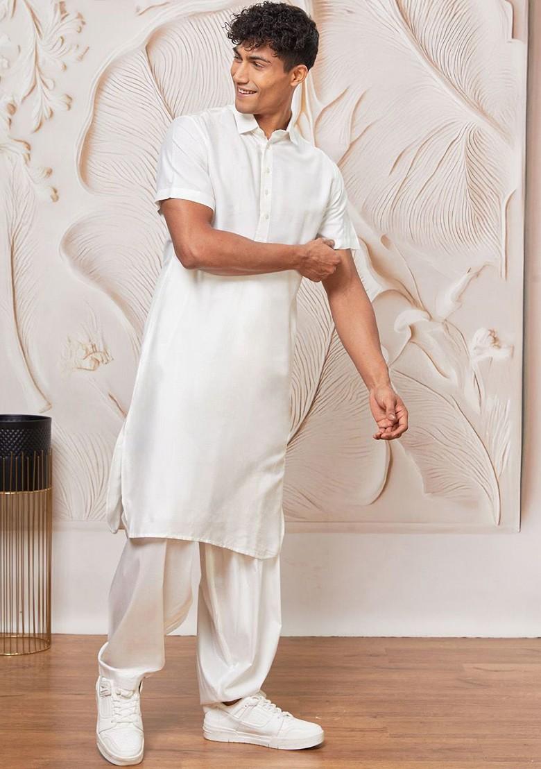 White Sequin Work Poly Blend Kurta Set For Men