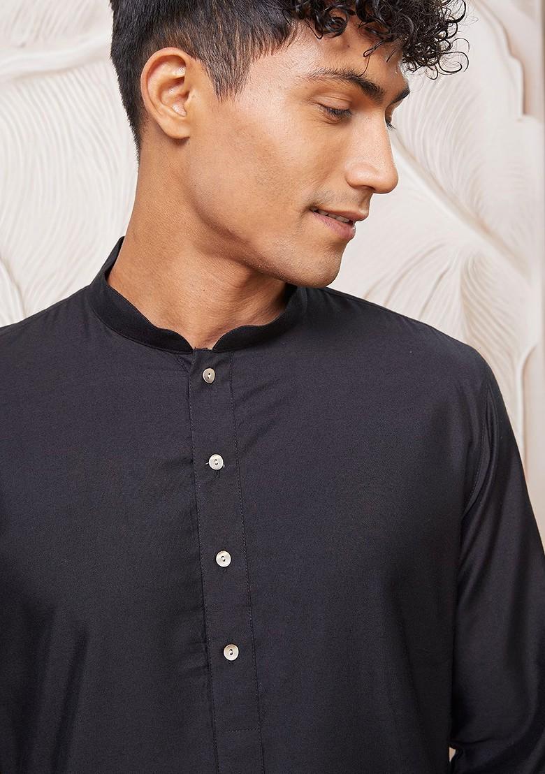 Black Solid Poly Blend Kurta Set For Men