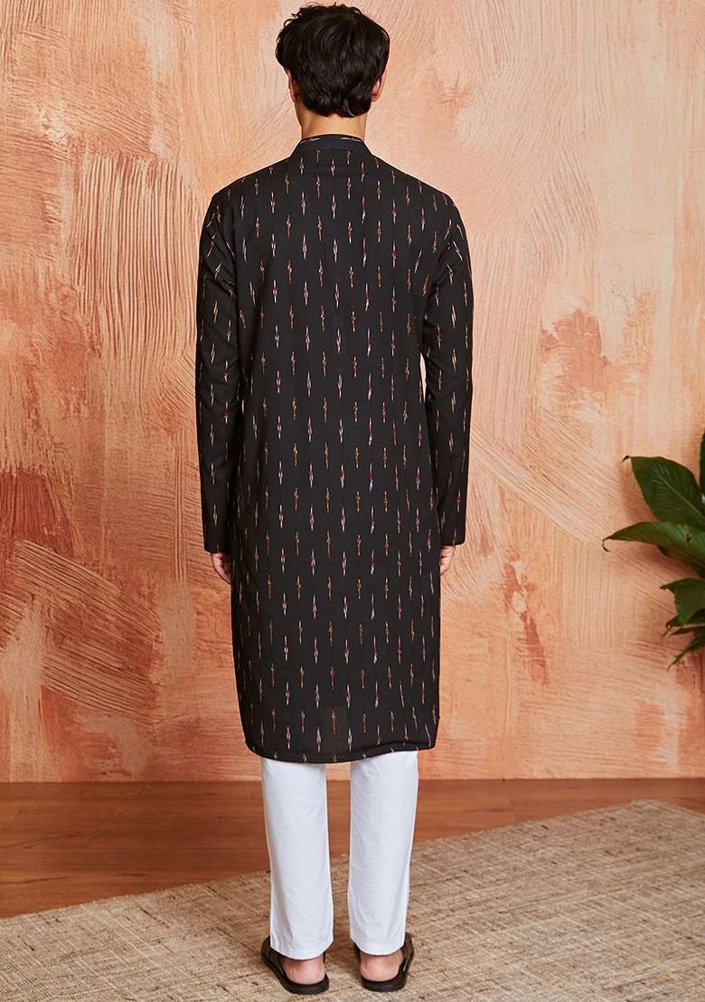 Black Abstract Print Poly Blend Kurta Set For Men