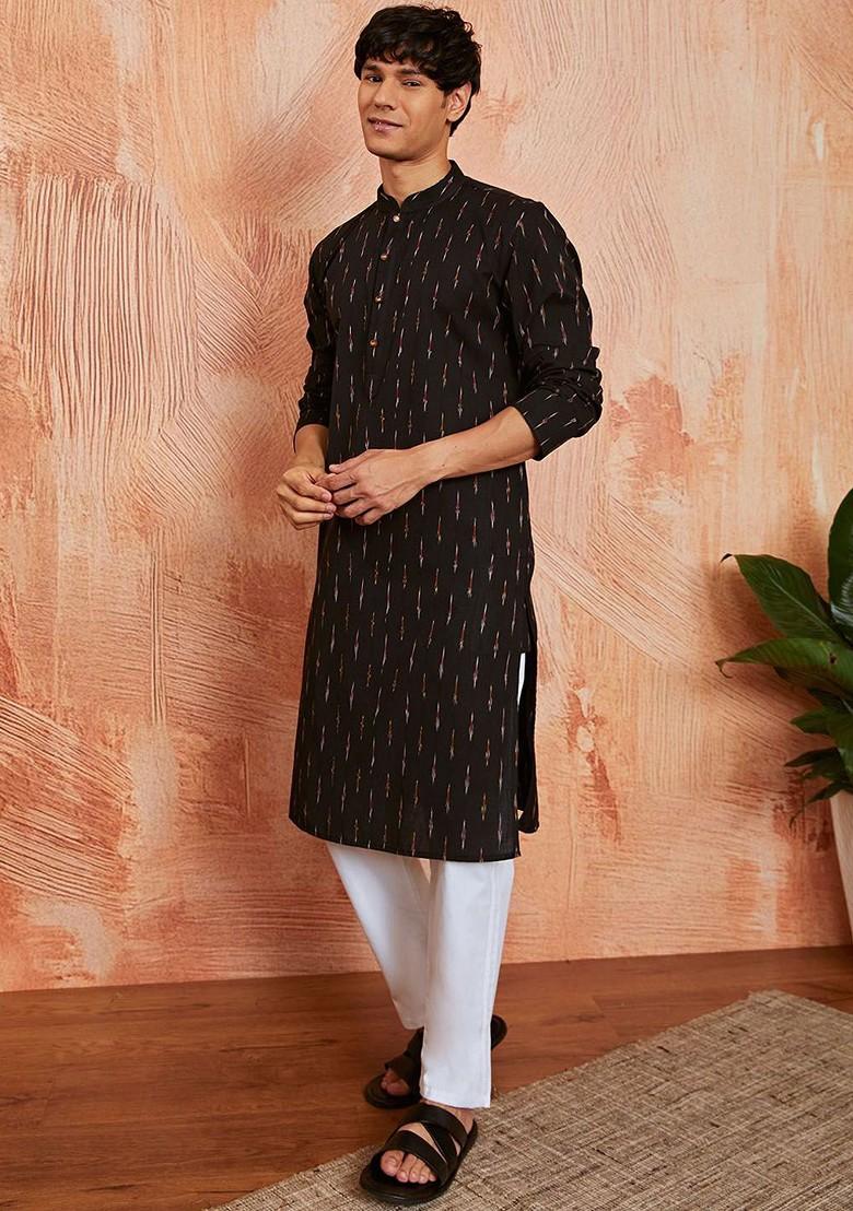 Black Abstract Print Poly Blend Kurta Set For Men