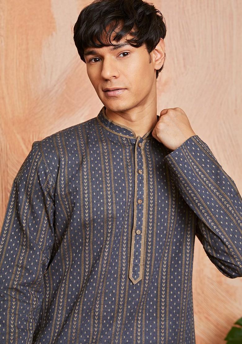 Grey Ethnic Motifs Poly Blend Kurta Set For Men