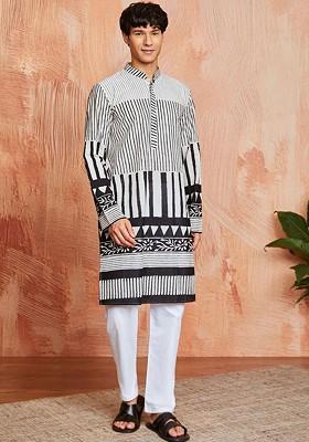 Black Striped Jacquard Kurta Set For Men