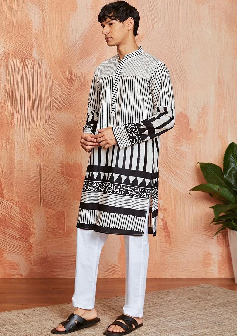 Black Striped Jacquard Kurta Set For Men