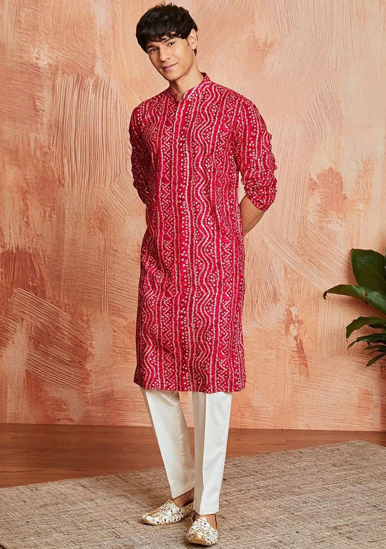 Fuchsia Pink Bandhani Print Poly Blend Kurta Set For Men