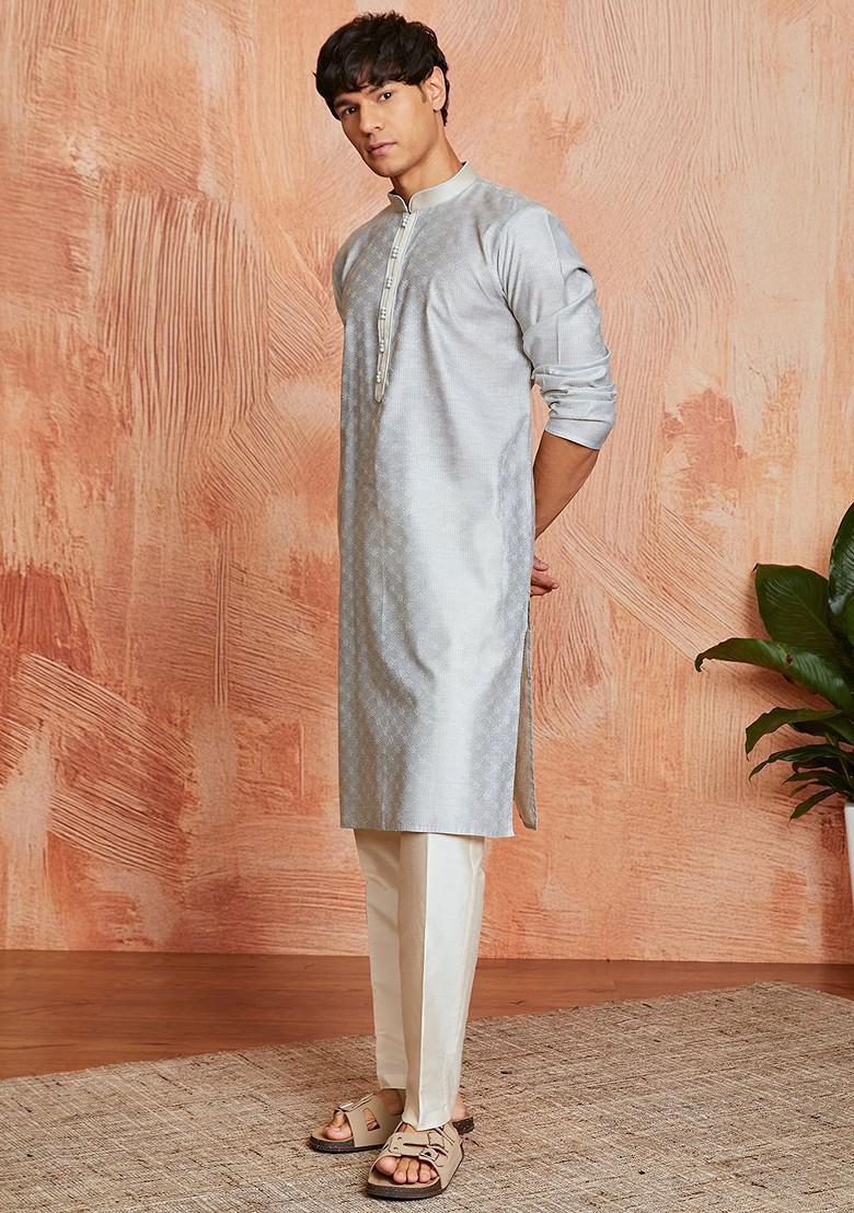 Grey Thread Work Poly Blend Kurta Set For Men
