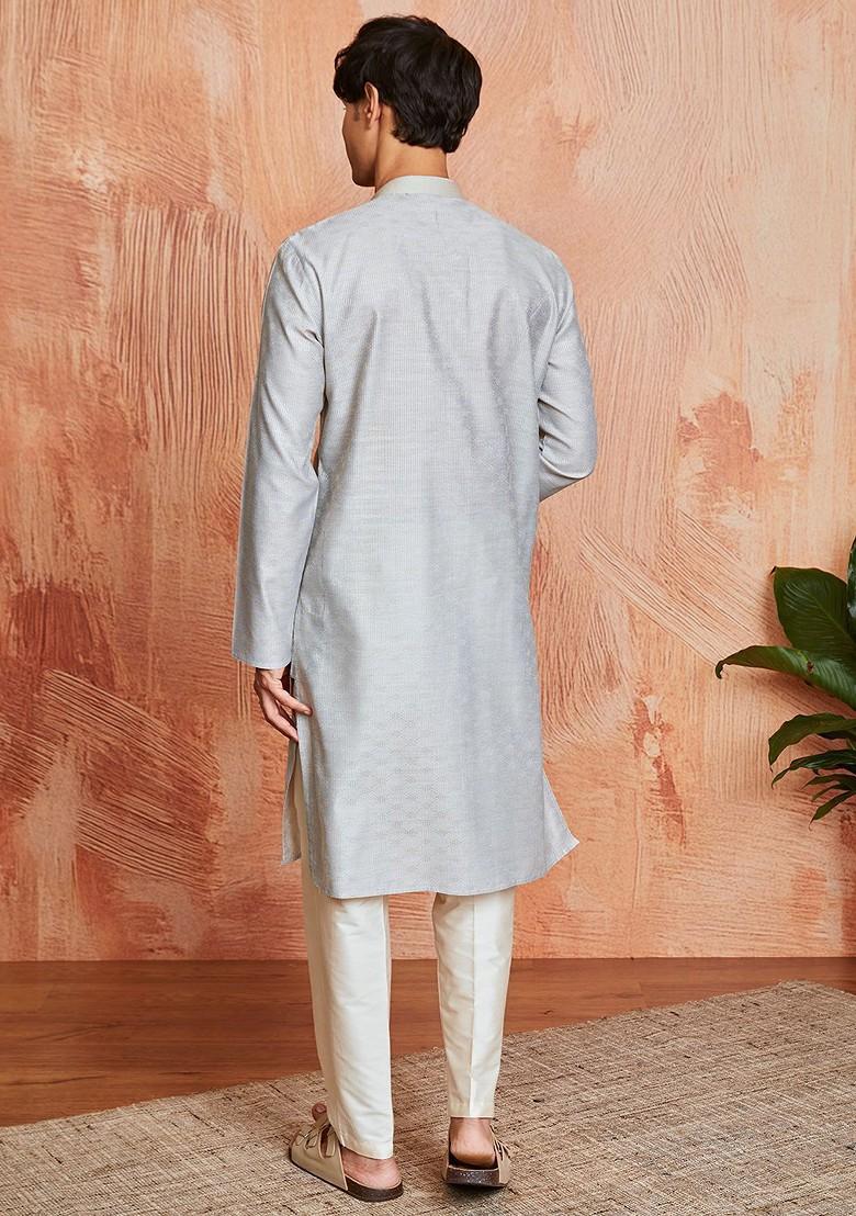 Grey Thread Work Poly Blend Kurta Set For Men