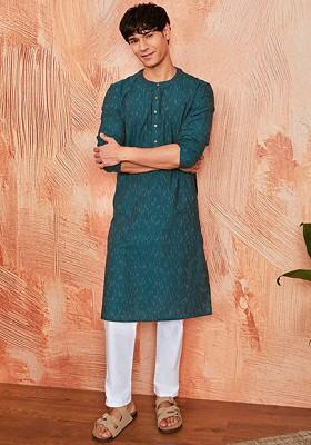 Green Abstract Print Poly Blend Kurta Set For Men