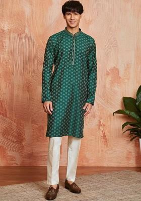 Green Embroidered Jacquard Kurta Set For Men