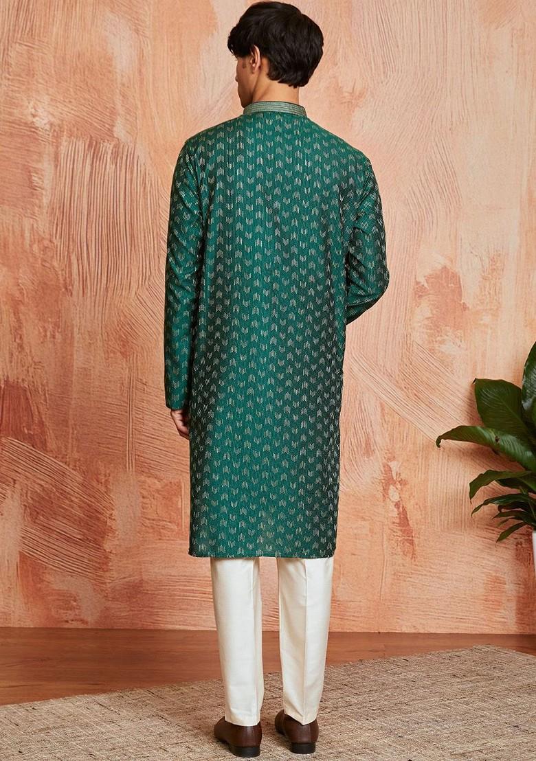 Green Embroidered Jacquard Kurta Set For Men