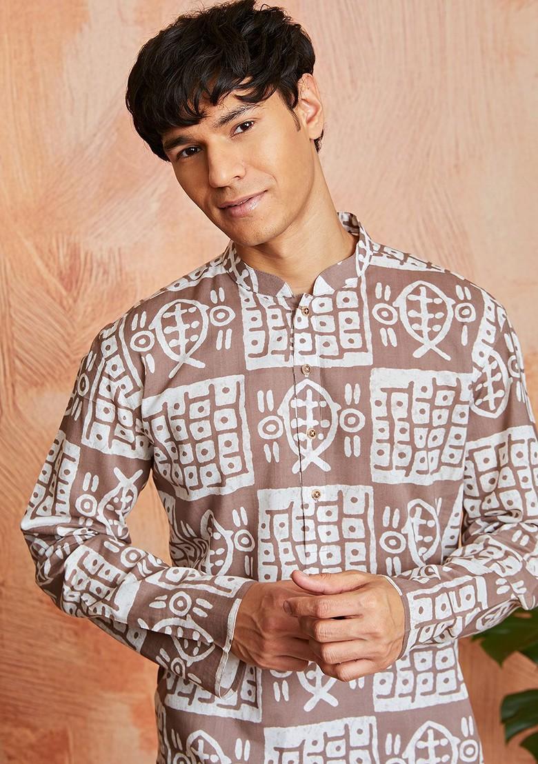 White Abstract Print Poly Blend Kurta Set For Men