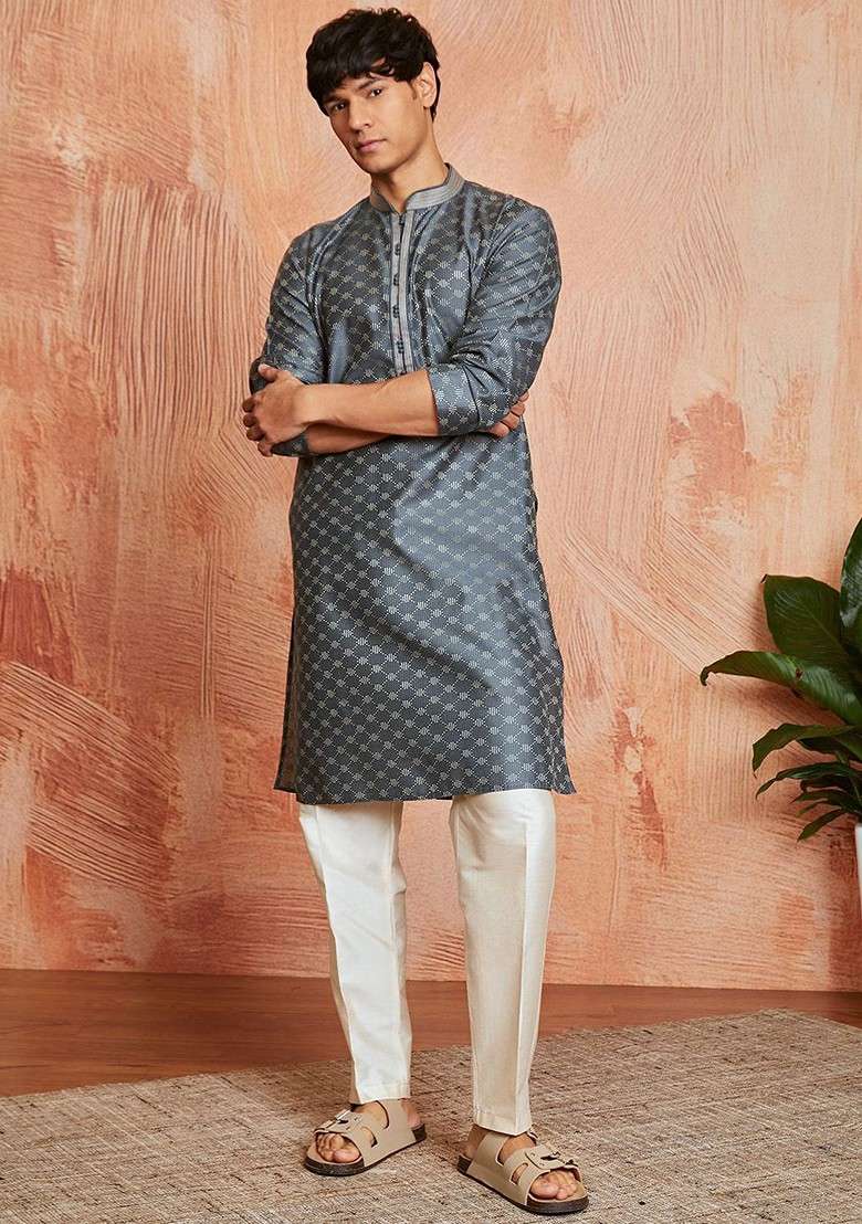 Grey Embroidered Jacquard Kurta Set For Men - Indya