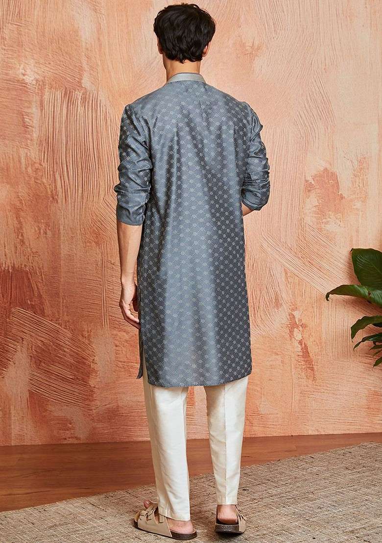 Grey Embroidered Jacquard Kurta Set For Men - Indya