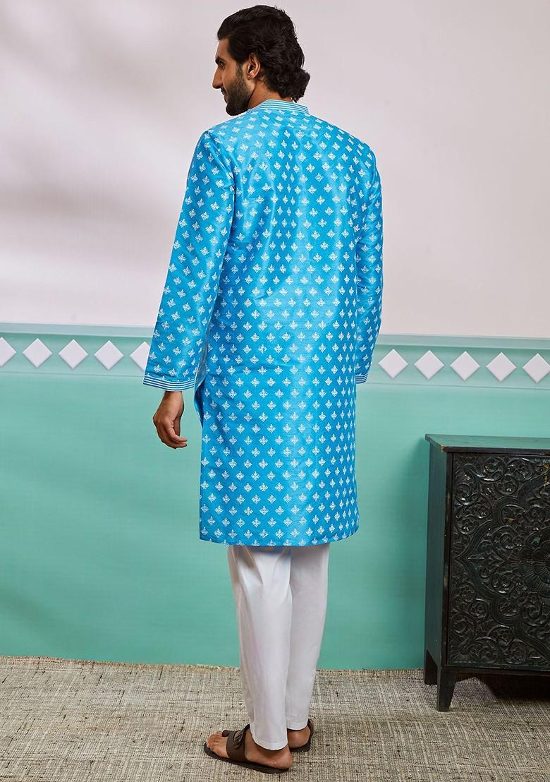 Blue Ethnic Motifs Poly Blend Kurta Set For Men