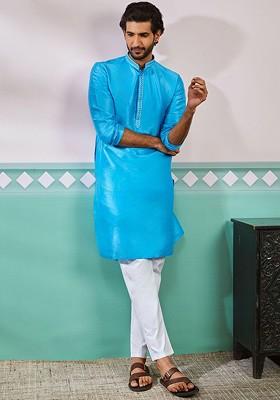 Blue Thread Work Poly Blend Kurta Set For Men