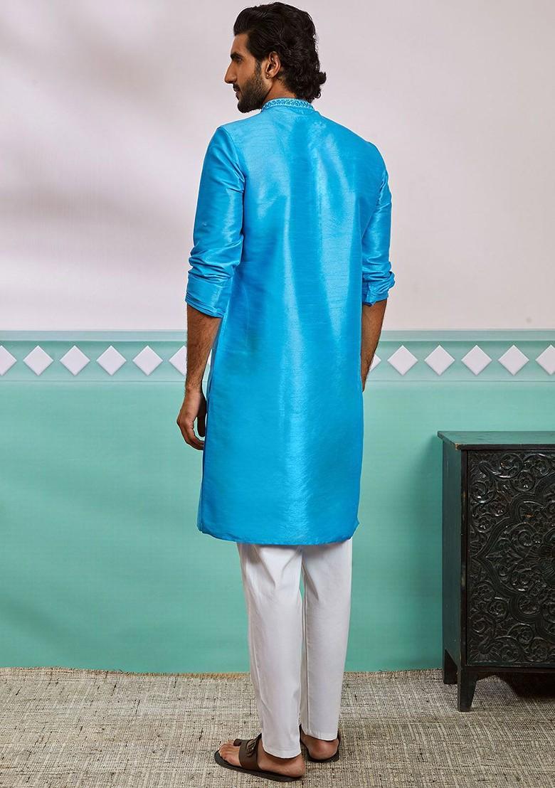 Blue Thread Work Poly Blend Kurta Set For Men