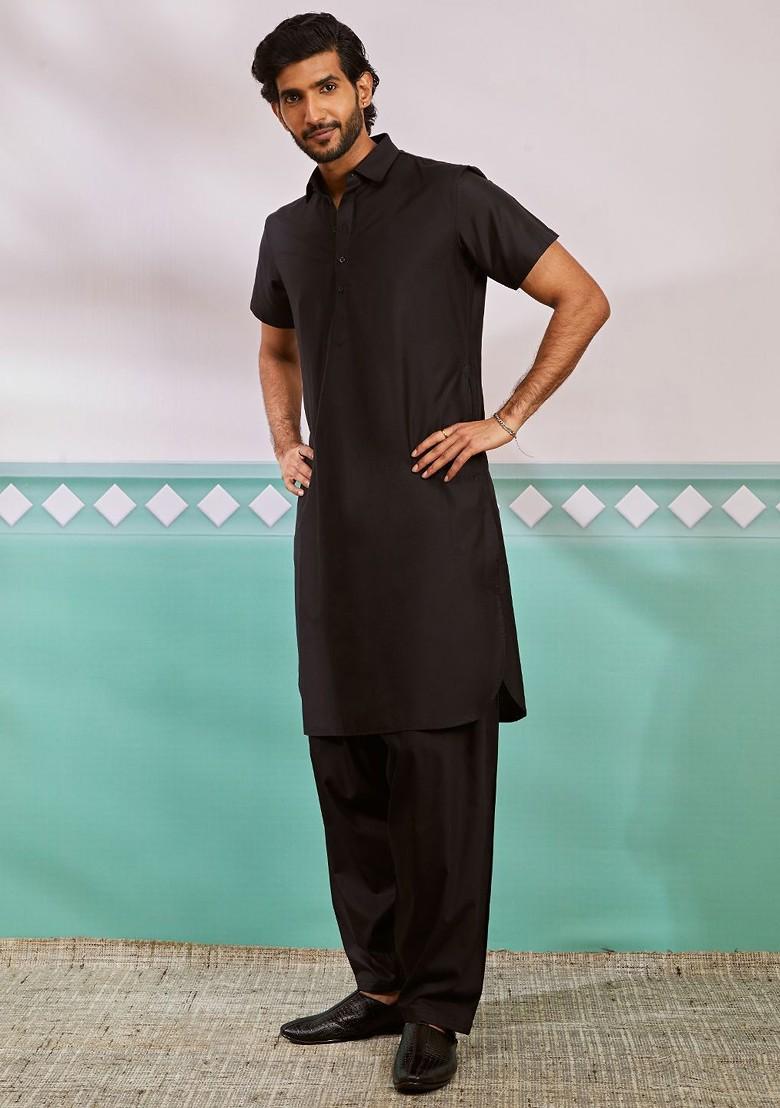 Black Solid Poly Blend Kurta Set For Men