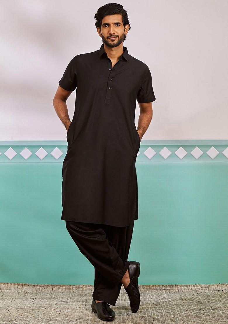Black Solid Poly Blend Kurta Set For Men