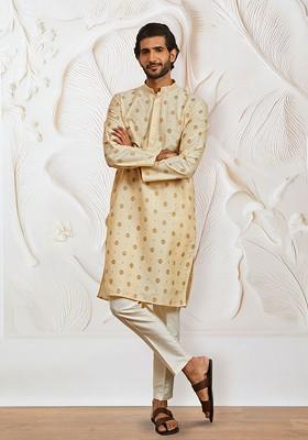 Cream Ethnic Motifs Poly Blend Kurta Set For Men