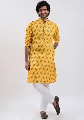Yellow Floral Print Poly Blend Kurta Set For Men
