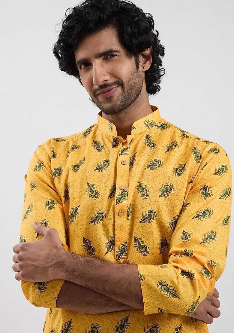 Yellow Floral Print Poly Blend Kurta Set For Men