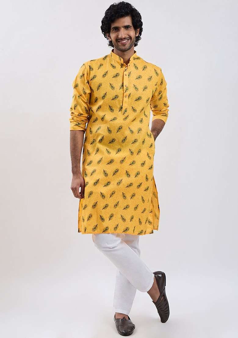 Yellow Floral Print Poly Blend Kurta Set For Men - Indya